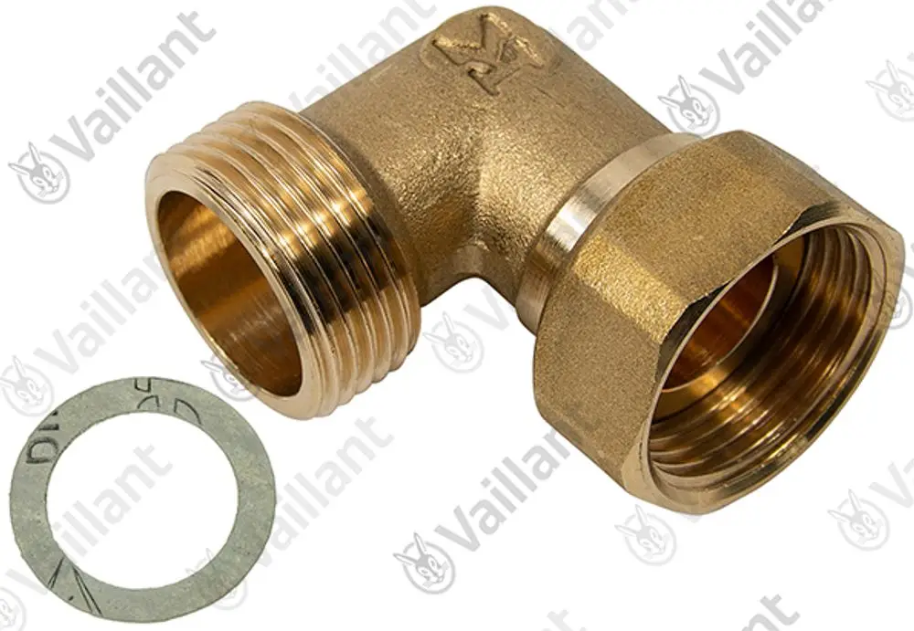 Vaillant Winkelanschlussstück mit Außengewinde, aus Messing. Sichtbare Gewindeverbindung sowie eine Dichtung im Lieferumfang.